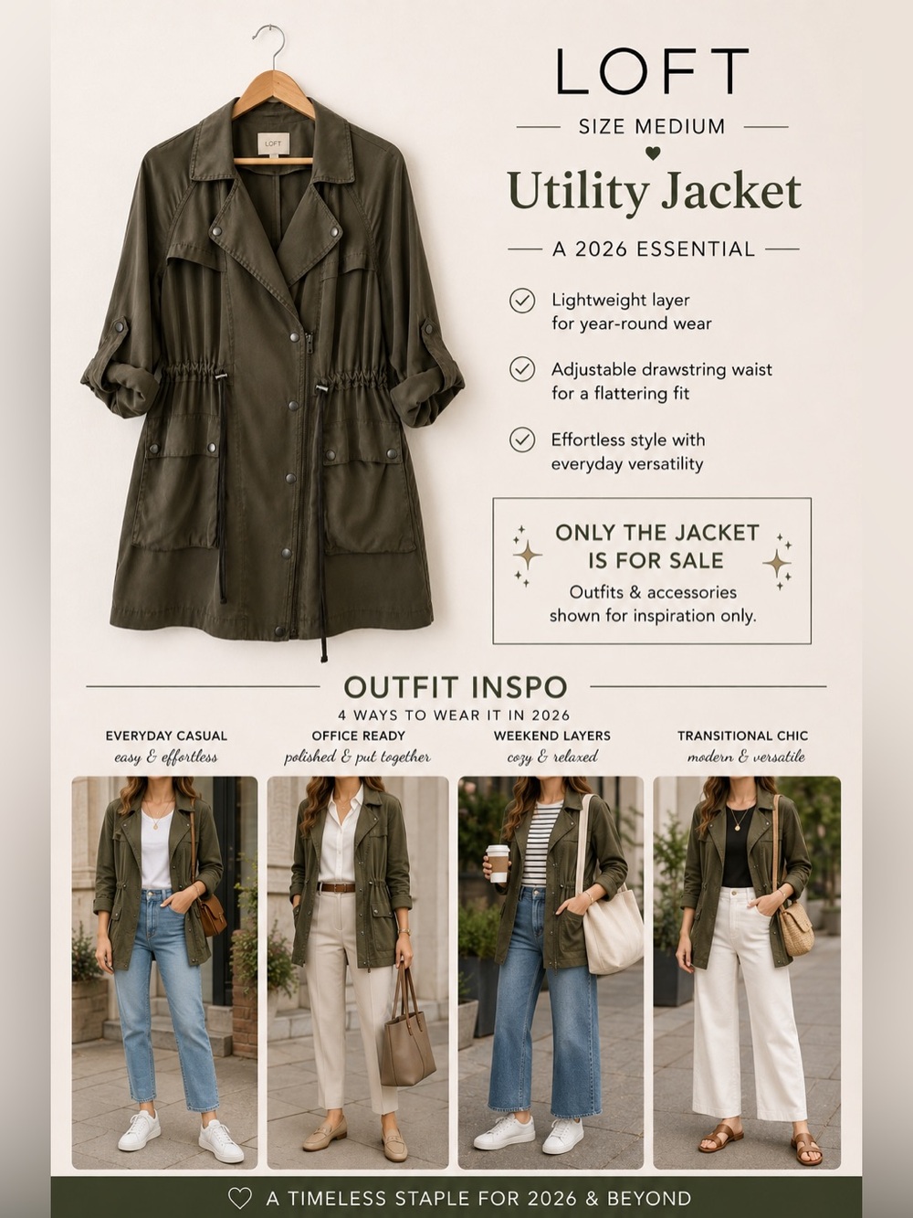 LOFT Olive Green Utility Jacket with Drawstring Waist